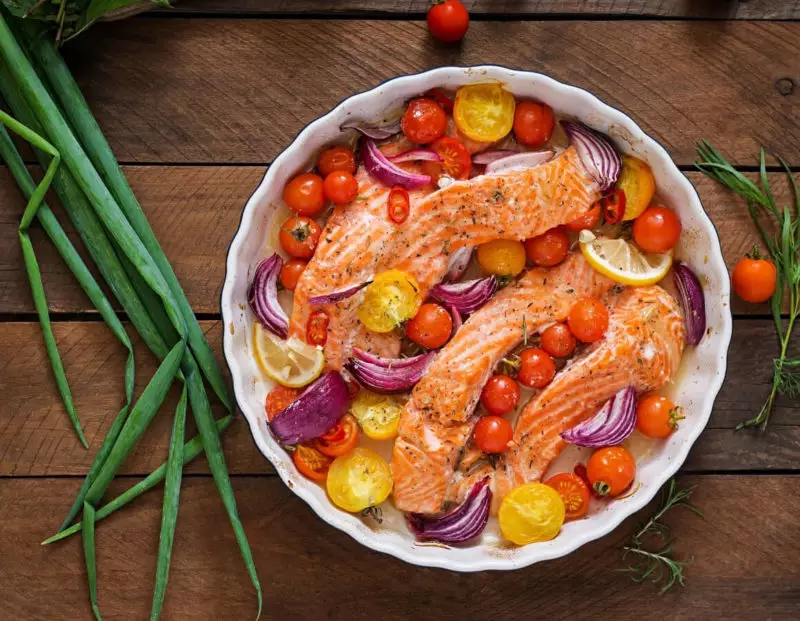 salmon and vegetables dish 